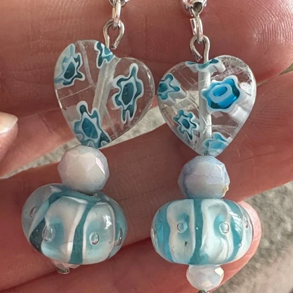 Hand Crafted Blue Murano Glass and Crystal Heart Earrings - Picture 2 of 2